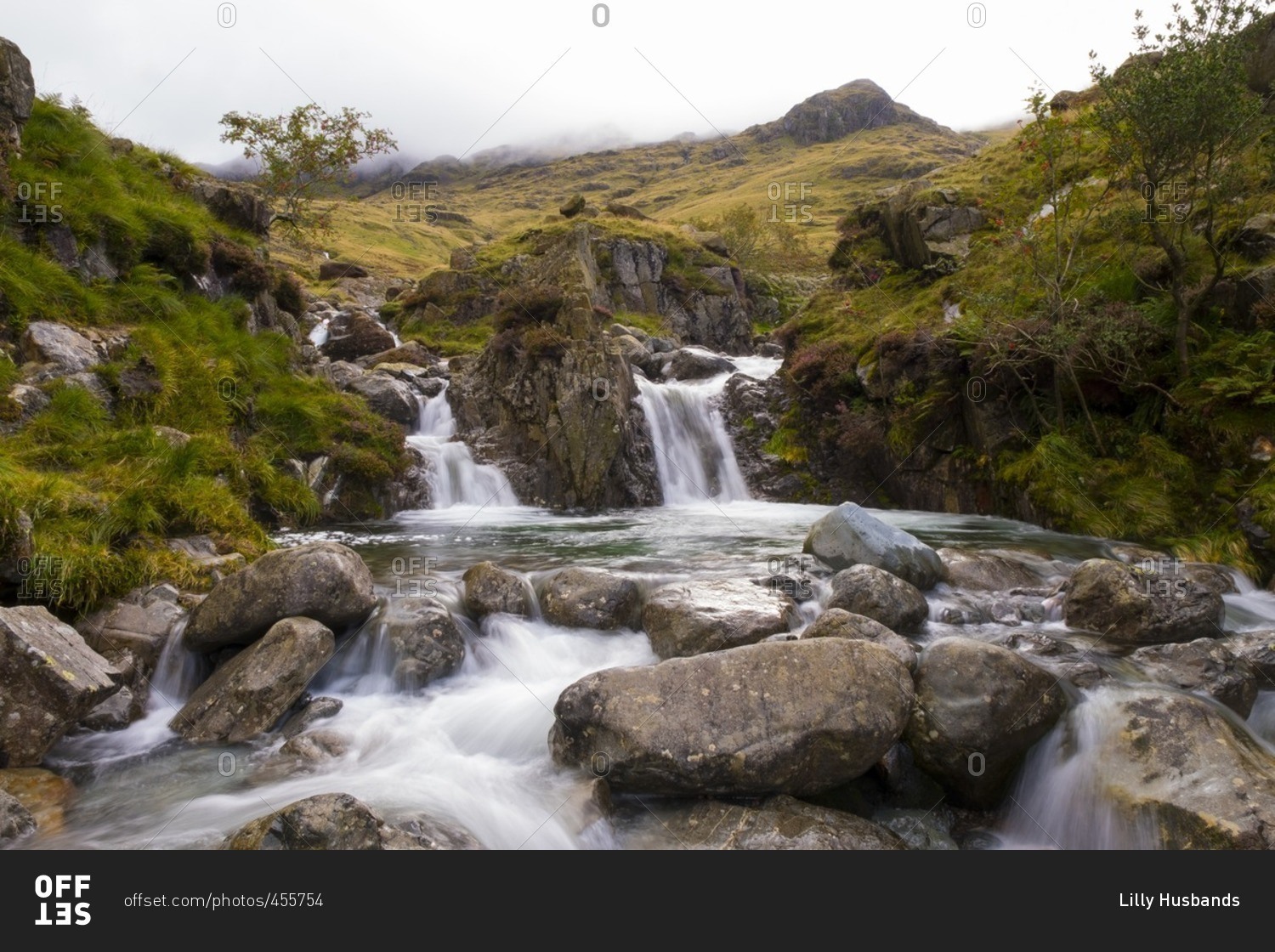 Waterfalls on a mountainside in Cumbria, England