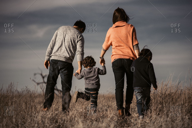 Family walking through a field holding hands from behind