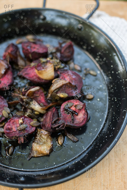 Saut_ed beets and onions in pan