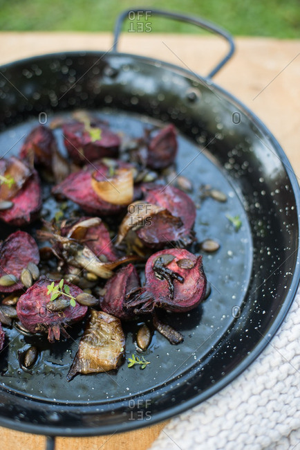 Saut_ed beets and onions in skillet
