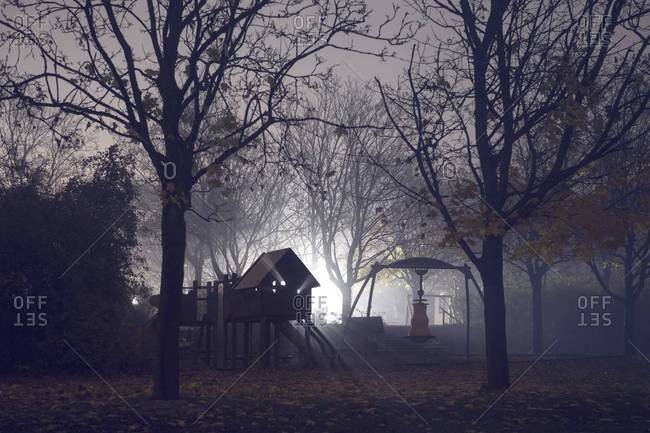 Playground equipment in the park on a foggy night