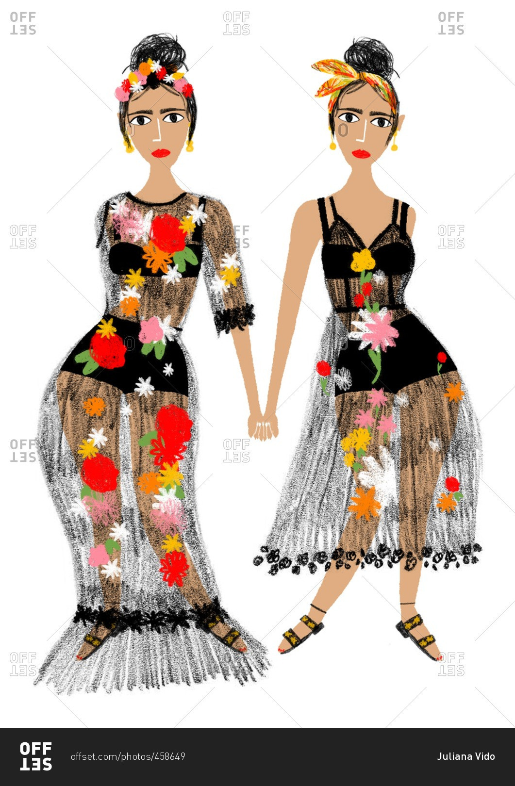 Two women wearing sheer dresses with bright floral embellishments