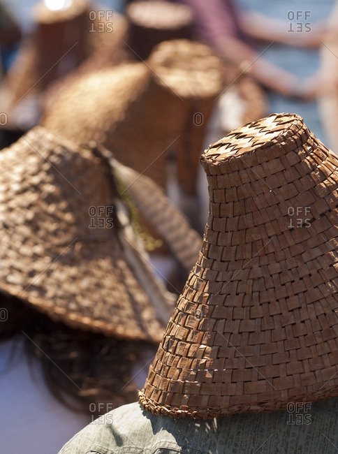 Woven cedar hats in the northwest Coast tradition at Songhees Reserve lands, Esquimalt, Victoria, British Columbia, Canada