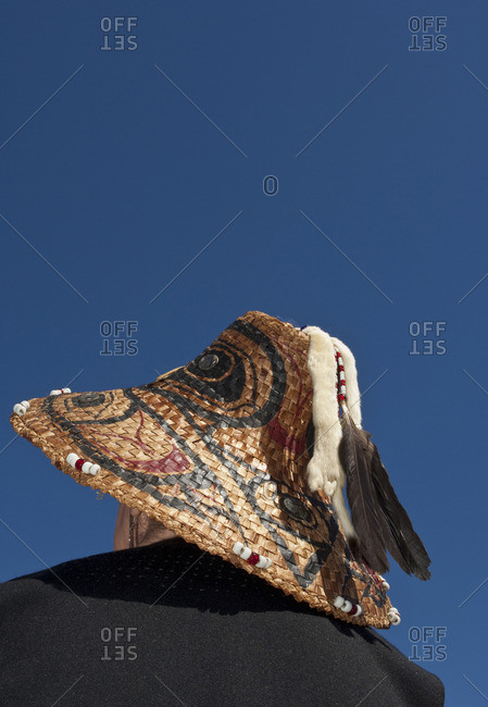 Woven cedar hats in the northwest Coast tradition at Songhees Reserve lands, Esquimalt, Victoria, British Columbia, Canada