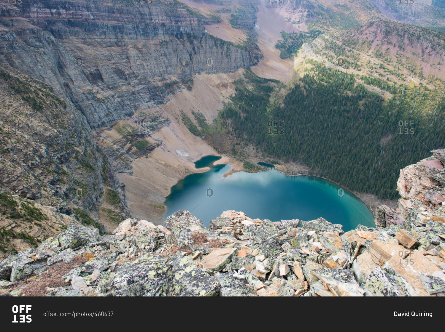 Scenic view of a mountain lake from a high mountain ridge