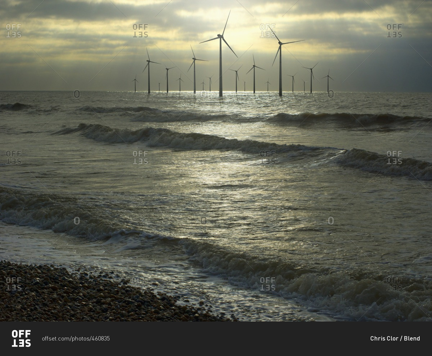 Wind turbines in ocean, Brighton, Sussex, England
