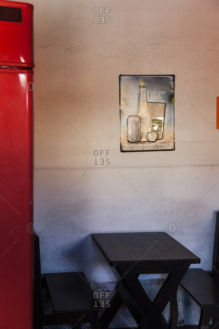 Antigua, Guatemala - February 5, 2016: Beer poster over table in a restaurant