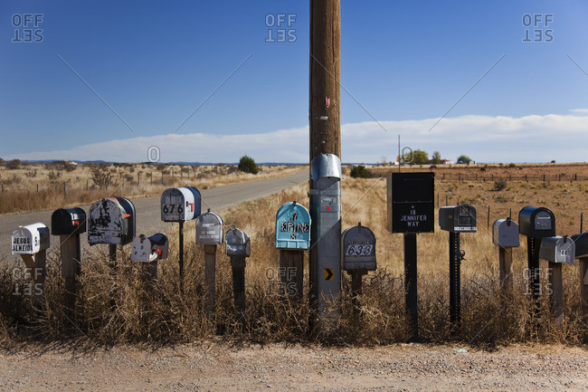 Santa Fe, New Mexico - October 27, 2014: Mail boxes on a desert road in New Mexico