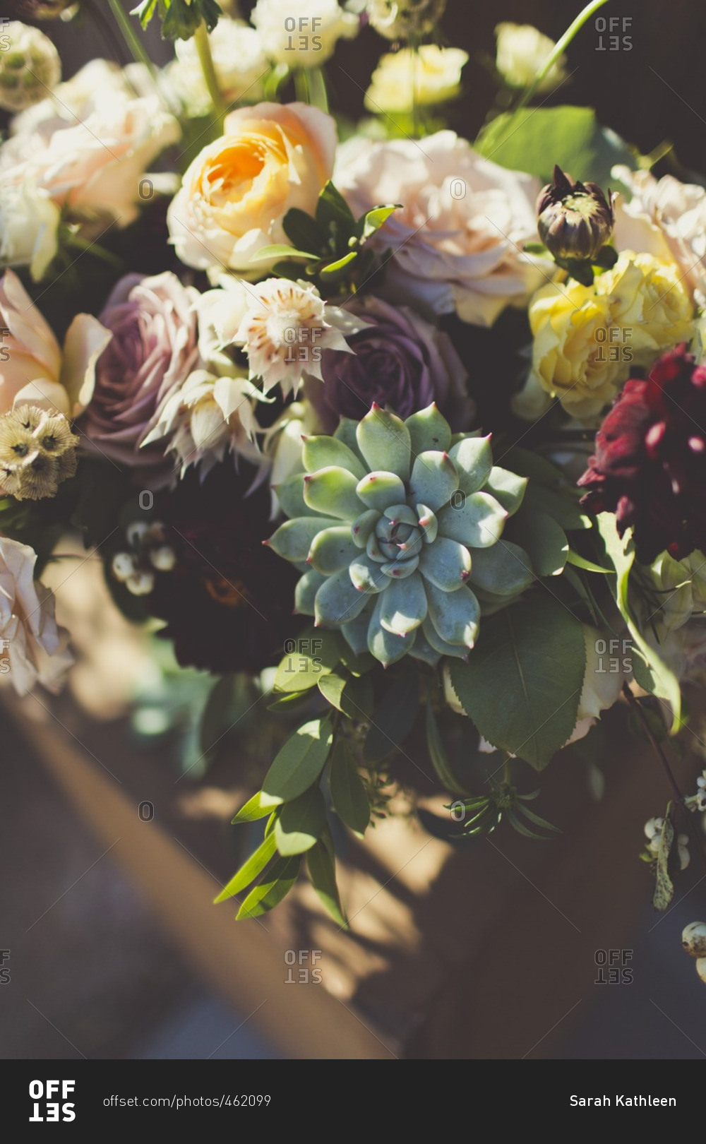Close-up of bouquet with roses and succulents