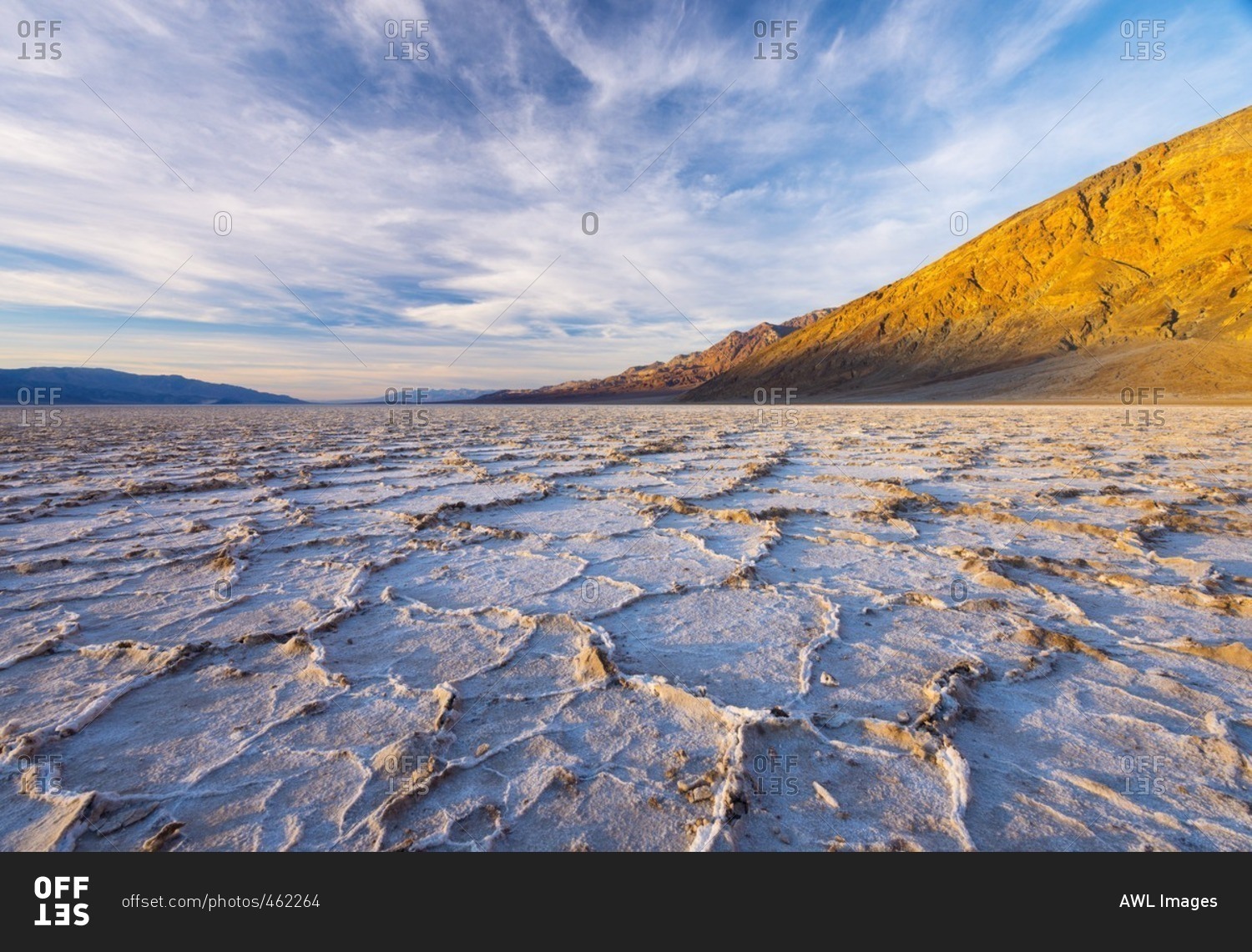 USA, California, Death Valley National Park, Badwater Basin, lowest point in North America, salt crust broken into hexagonal pressure ridges