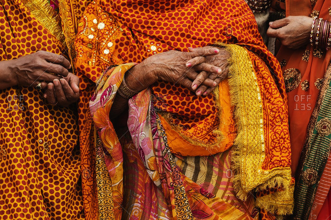 Women wearing traditional Indian clothing at festival, Allahabad, Uttar Pradesh, India