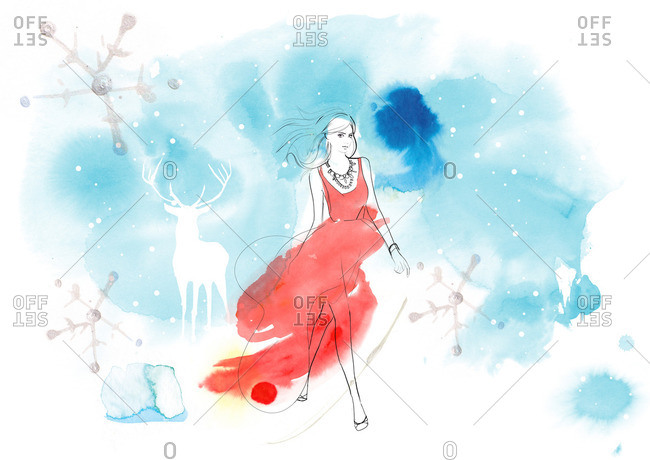 Woman in red evening gown on wintery background with deer