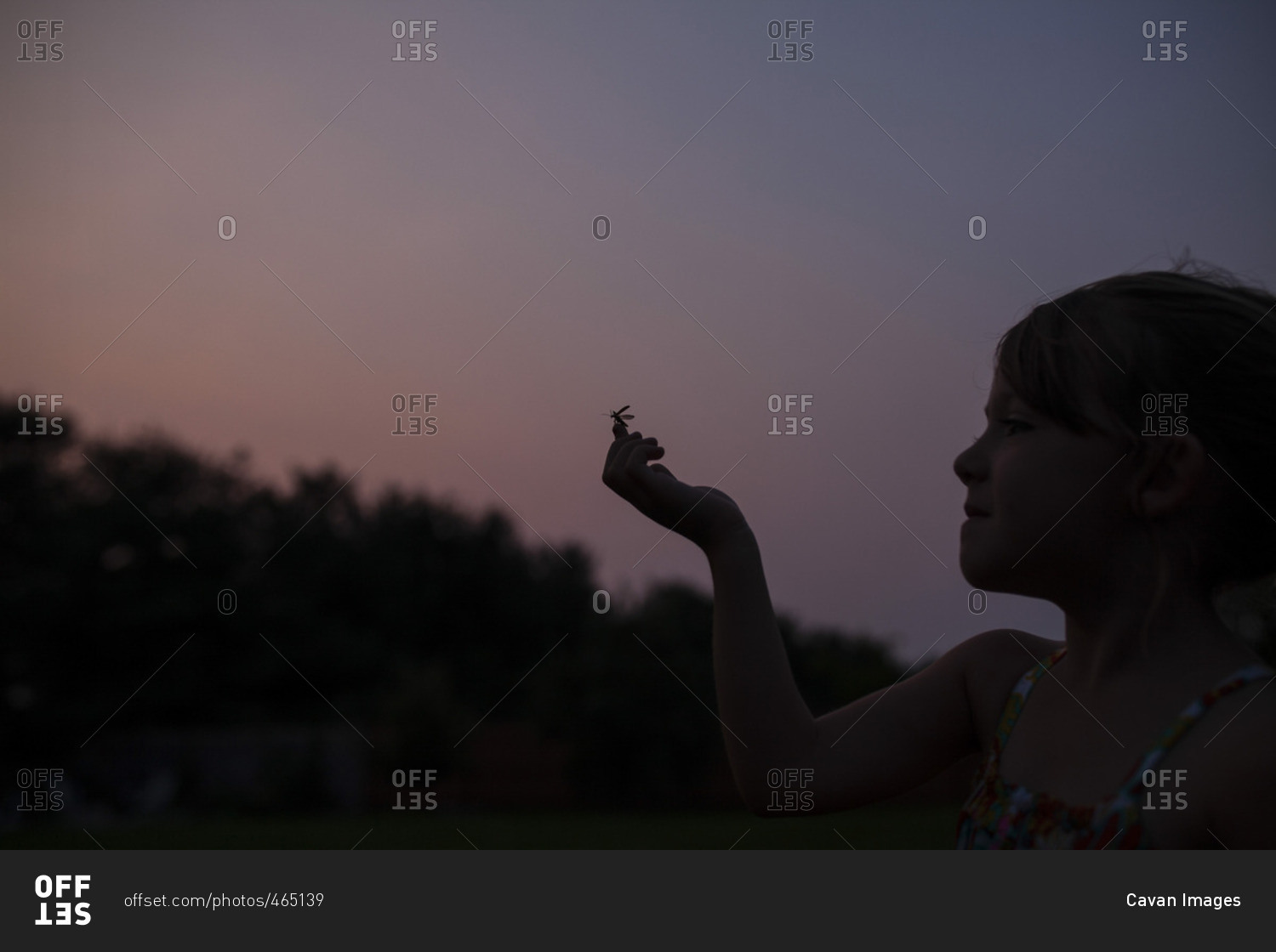Girl with insect on finger standing against clear sky during sunset