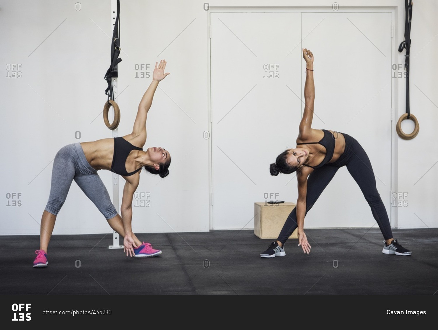 Female athletes doing warm up exercises in gym stock photo - OFFSET