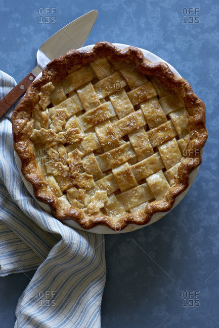 Overhead View Of Apple Pie With Leaf Decorations On The Crust Stock
