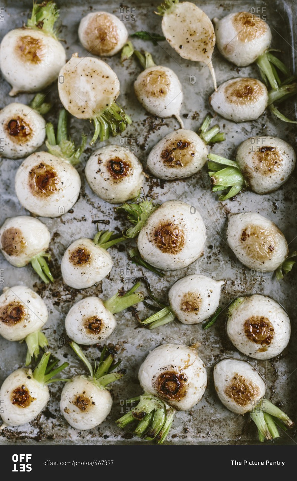 Roasted Japanese turnips on a sheet pan from the oven