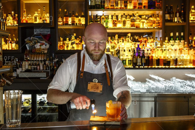 Prague, Czech Republic - May 3, 2016: Portrait of barman and owner of L'Fleur Bar, Prague, Czech Republic