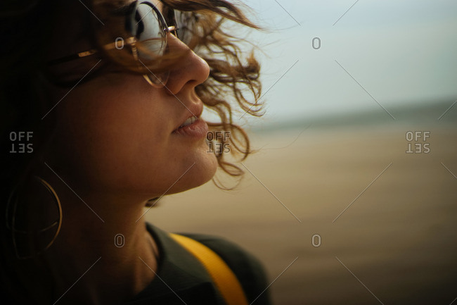 Close-up of woman with windblown hair on a beach