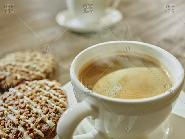 Steaming cup of coffee- close-up
