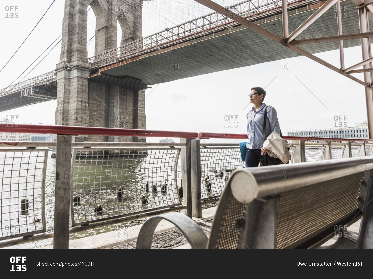 USA- New York City- woman walking at East River stock photo - OFFSET