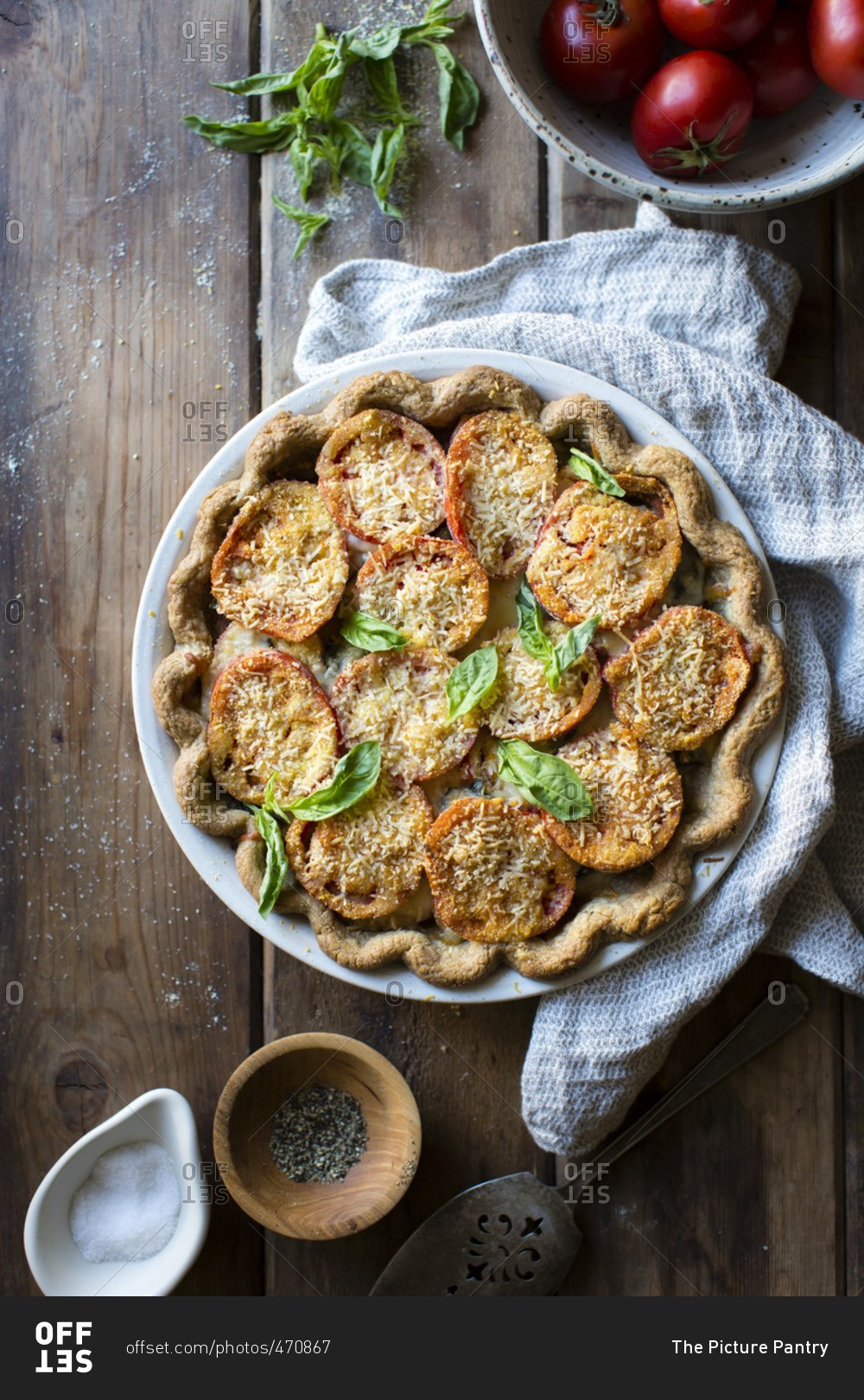 Tomato pie with basil and parmesan cheese