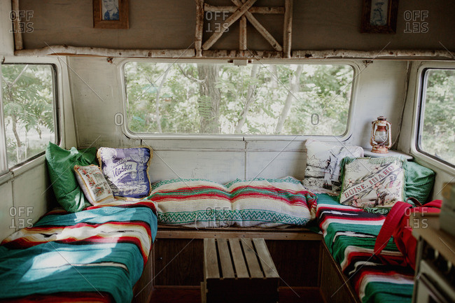 Benches And Pillows Inside A Vintage Trailer Camper Stock Photo