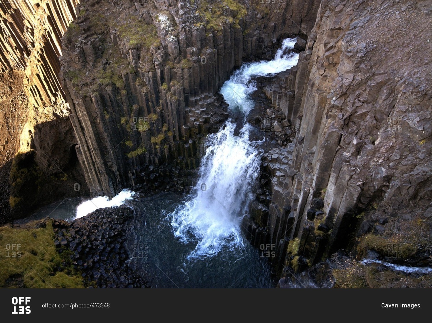 High angle view of Litlanesfoss waterfall