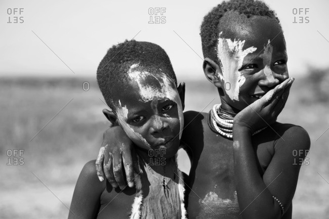 Ethiopia - January 23, 2007: Children in traditional tribal fashion