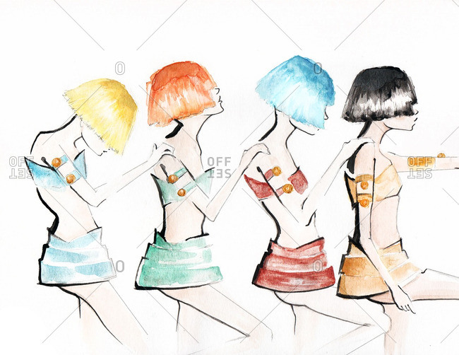 Four women in bright wigs