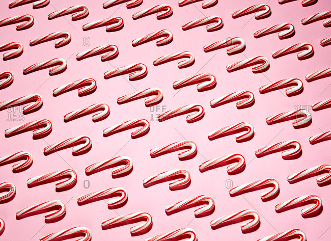 Several red and white candy canes on a pink background