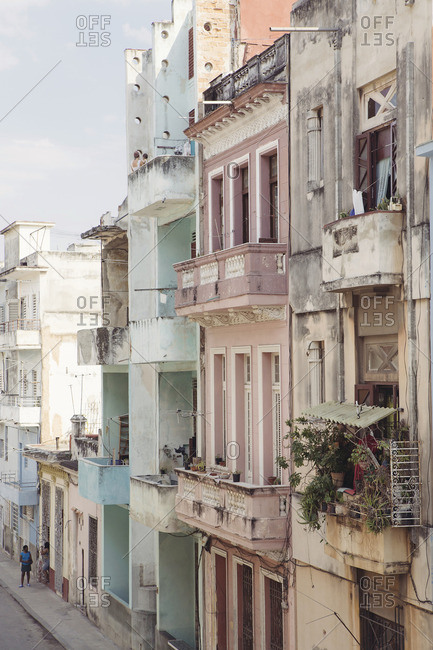 Havana, Cuba - March 10, 2015: Pastel buildings and balconies in Central Havana, Cuba