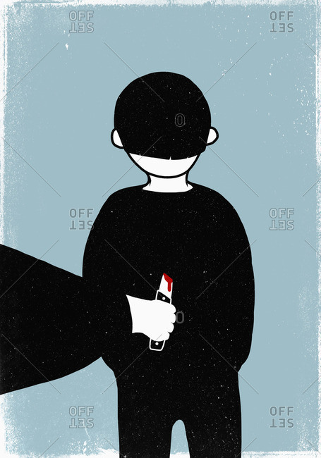 Illustrative image of hand stabbing man in back against blue background