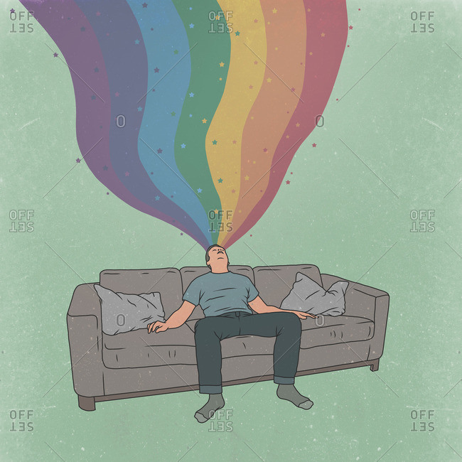 Illustrative image of tired man sleeping on sofa while dreaming about rainbow and stars