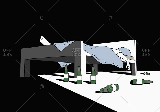 Illustrative image of alcoholic man sleeping on bed with liquor bottles in darkroom representing add