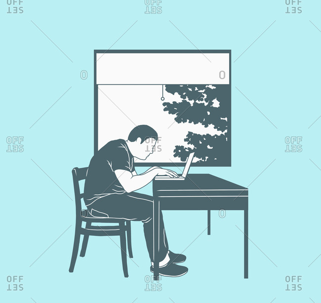 Illustration of man using laptop against window representing working at home
