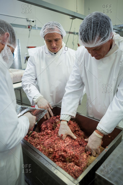 Attentive butchers mixing minced meat in meat factory