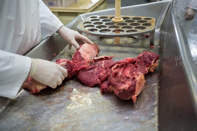 Close up of butcher placing pieces of meat in a machine