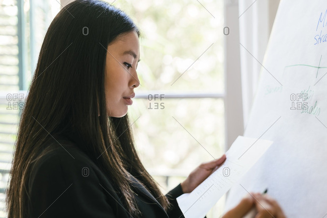 Young businesswoman preparing presentation- writing on flipchart