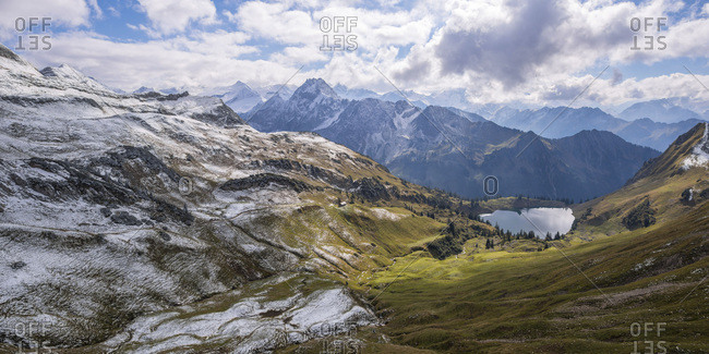 Panoramic view from Zeigersattel to Seealpsee with Hoefats in the background
