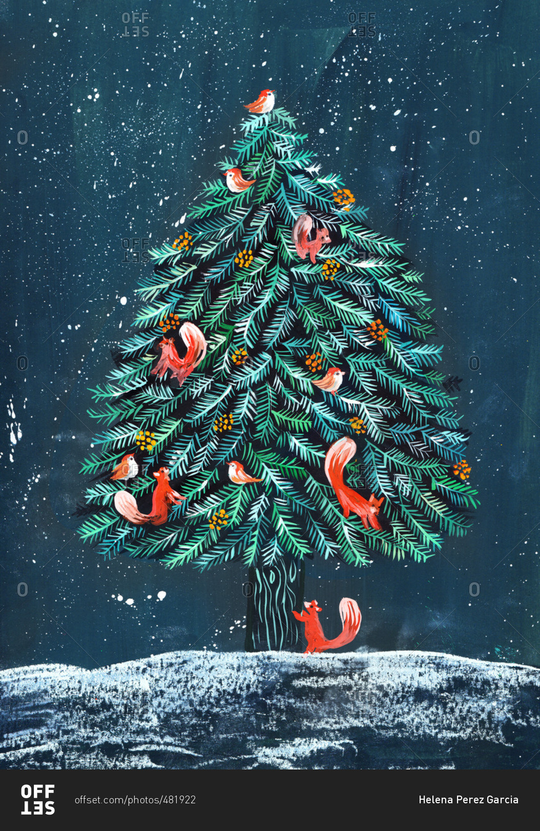 Christmas tree with squirrels and birds sitting on the branches