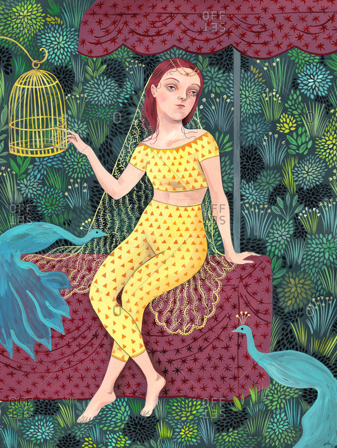 Girl opening a cage and sitting under a parasol surrounded by peacocks