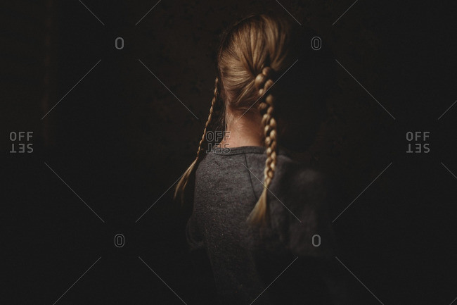 Back View Of Girl With Two Braids In Her Hair Stock Photo