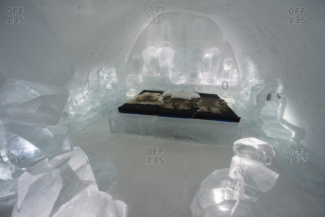 Reindeer hides on beds in Ice Hotel