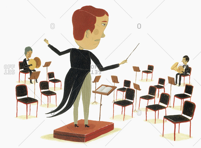 Orchestra conductor standing in front of empty chairs