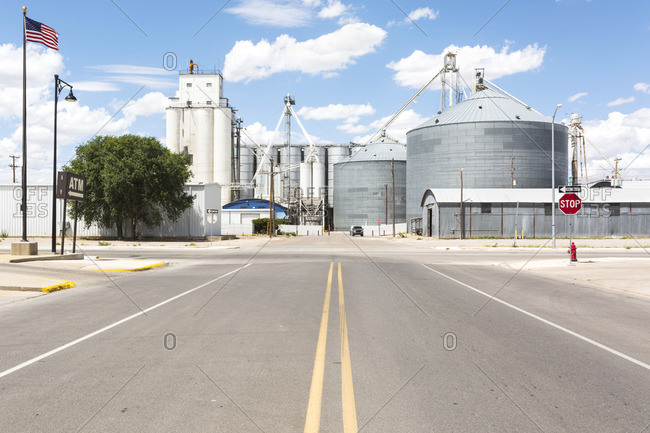 Grain silos in downtown Portales, New Mexico stock photo - OFFSET