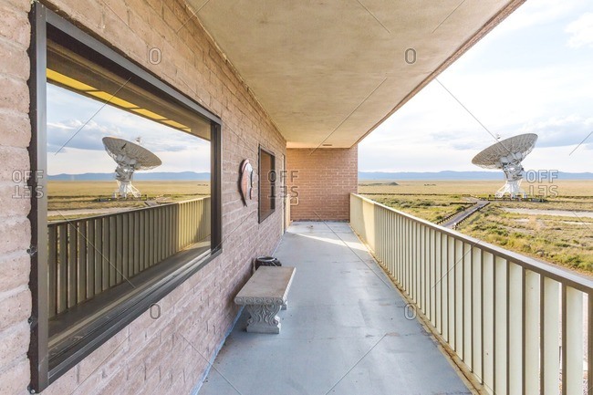 Reflection of telescope in research building, Karl G. Jansky Very Large Array, New Mexico