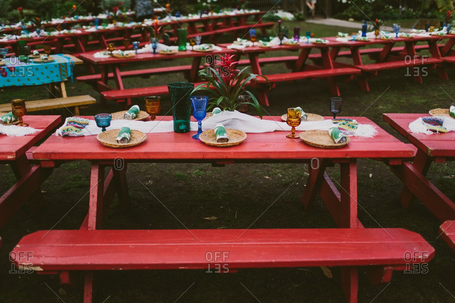 Picnic Tables Set For A Hawaiian Themed Wedding Reception Stock