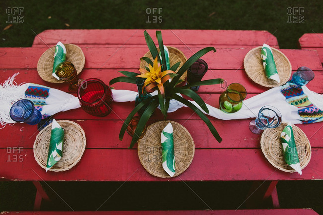 Picnic Table Set For A Hawaiian Themed Wedding Reception Stock