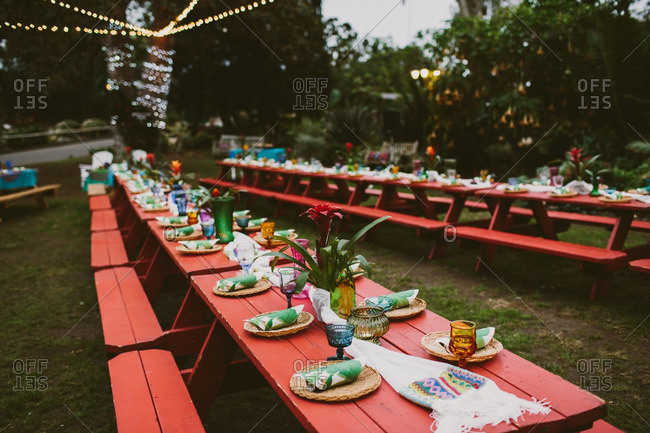 Hawaiian Themed Wedding Reception With Red Picnic Tables Stock