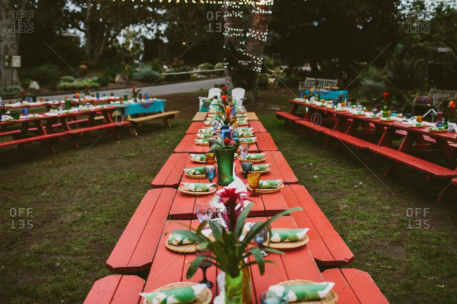 Wedding Reception With Red Picnic Tables And Hawaiian Theme